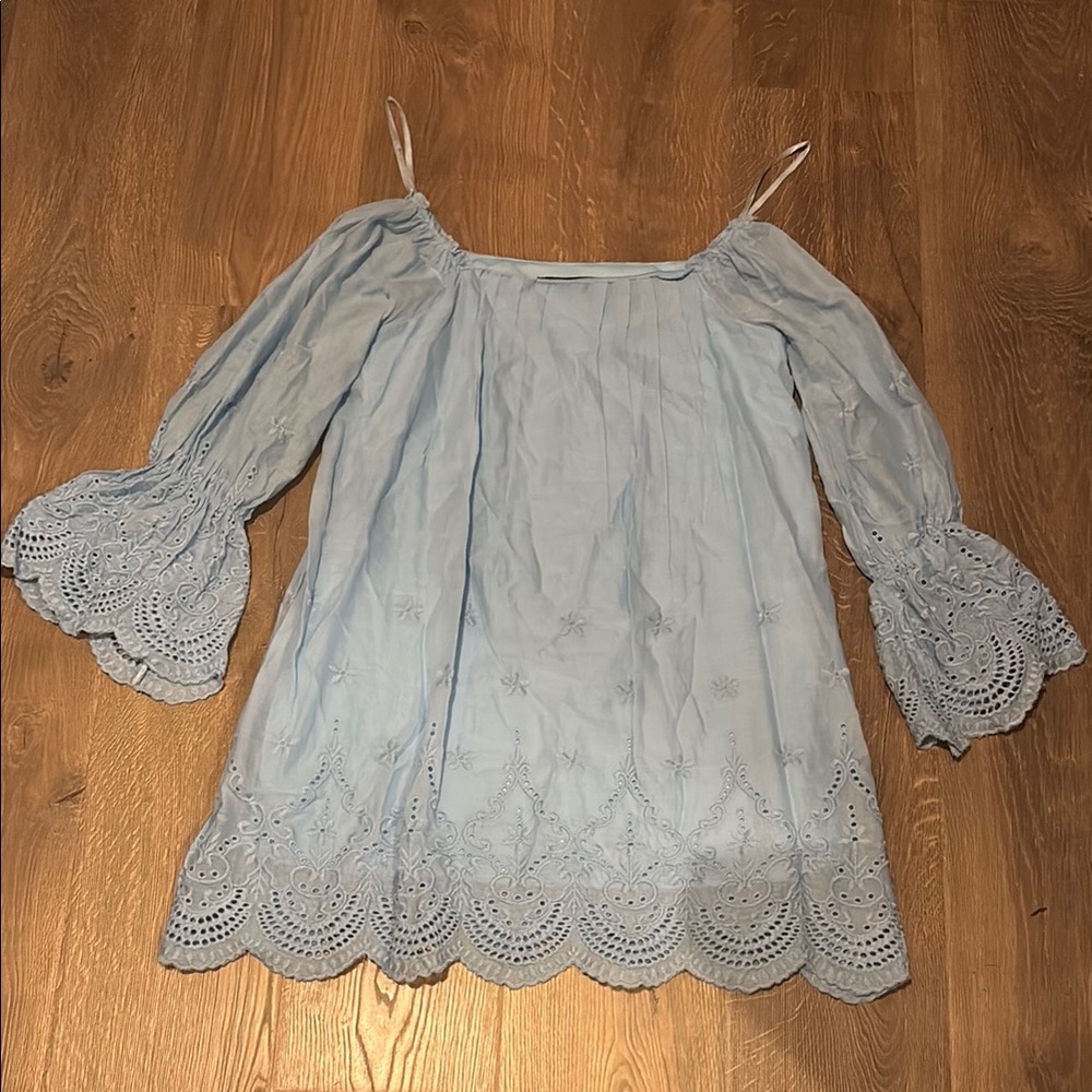 Light Blue Off-Shoulder Dress with Lace Details